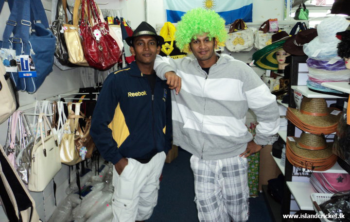 Nadeera Nawela and Dimuth Karunaratne joking around