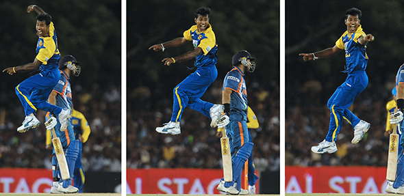 494196.jpg An acrobatic Nuwan Kulasekara appeals in mid-air.