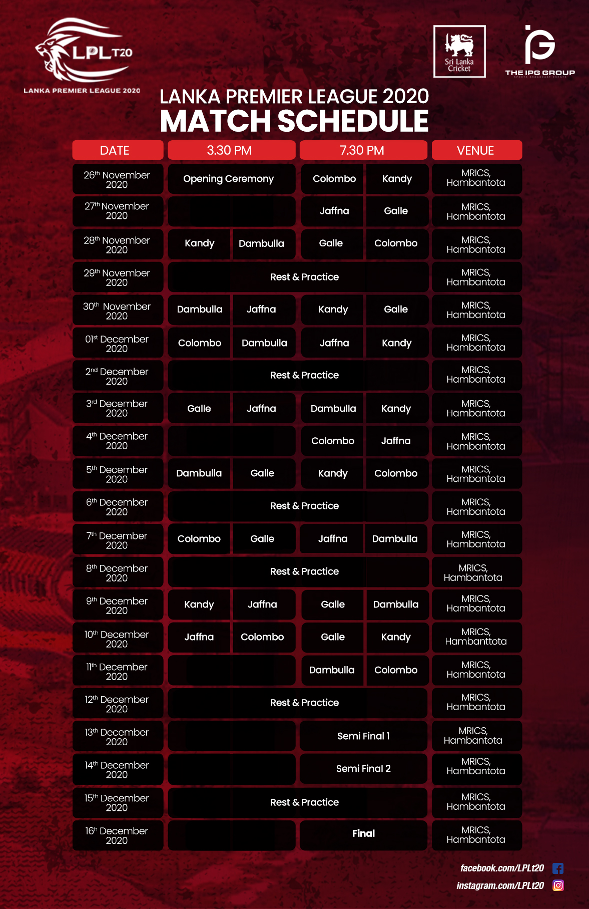 Updated Lanka Premier League (LPL) 2020 schedule/time table